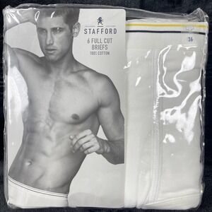 Stafford Men's Full Cut Briefs 6-Pack White Size 36 100% Cotton Underwear NEW